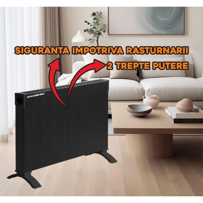 Convector electric Hausberg HB-8204, 2500W, 2 trepte putere, Siguranta impotriva rasturnarii, Negru