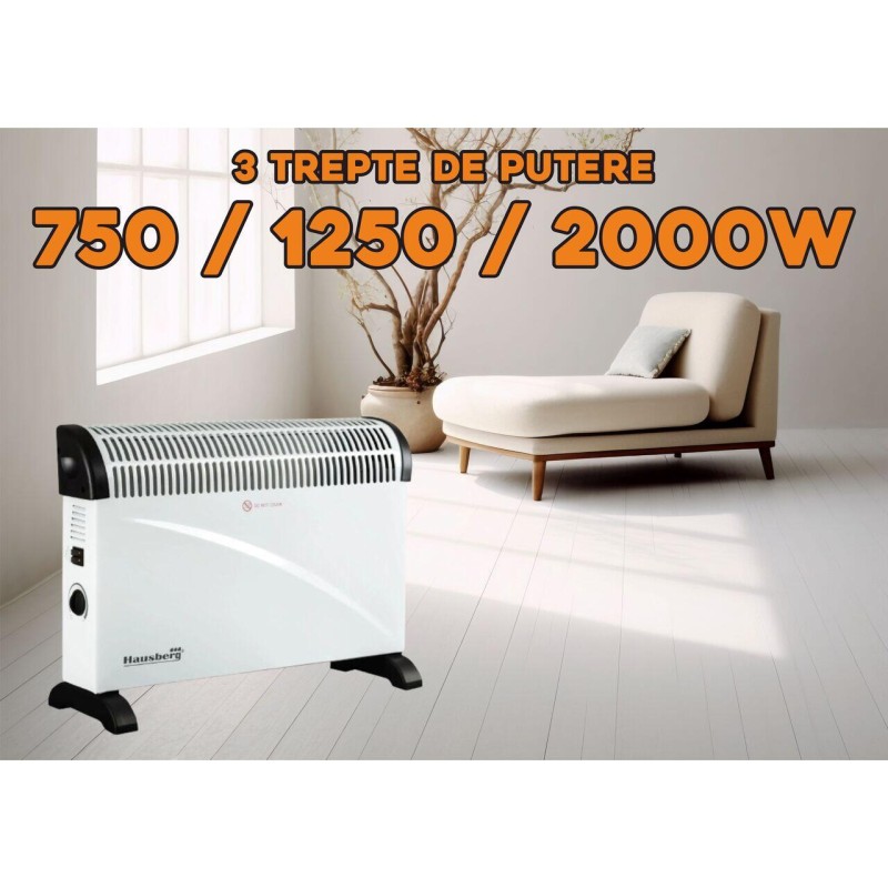 Convector electric HAUSBERG HB-8206, 3 trepte de putere 750/1250/2000W, termostat reglabil, protective supraincalzire, indicator luminos, Alb