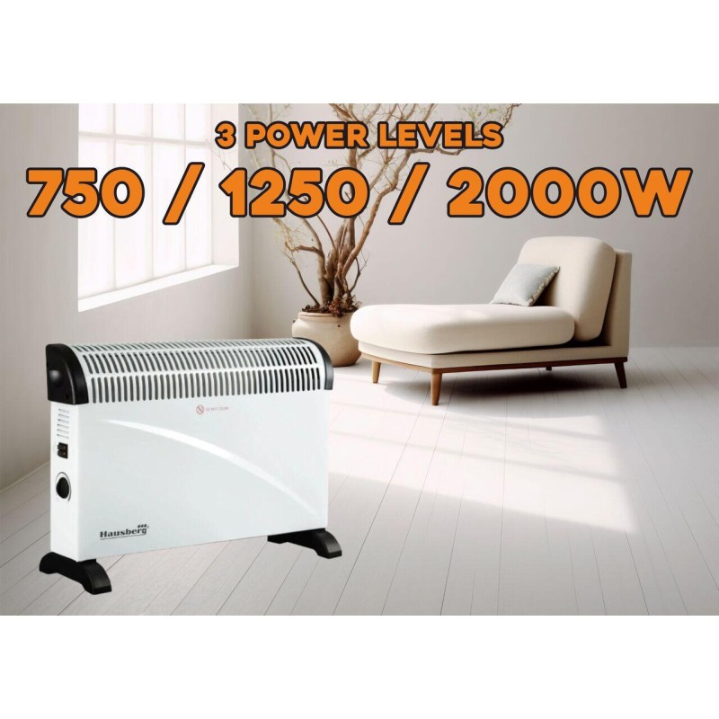 Convector electric HAUSBERG HB-8206, 3 trepte de putere 750/1250/2000W, termostat reglabil, protective supraincalzire, indicator luminos, Alb