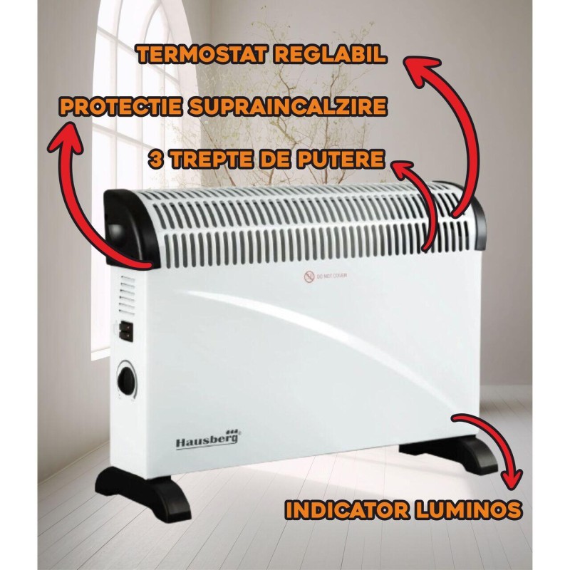 Convector electric HAUSBERG HB-8206, 3 trepte de putere 750/1250/2000W, termostat reglabil, protective supraincalzire, indicator luminos, Alb