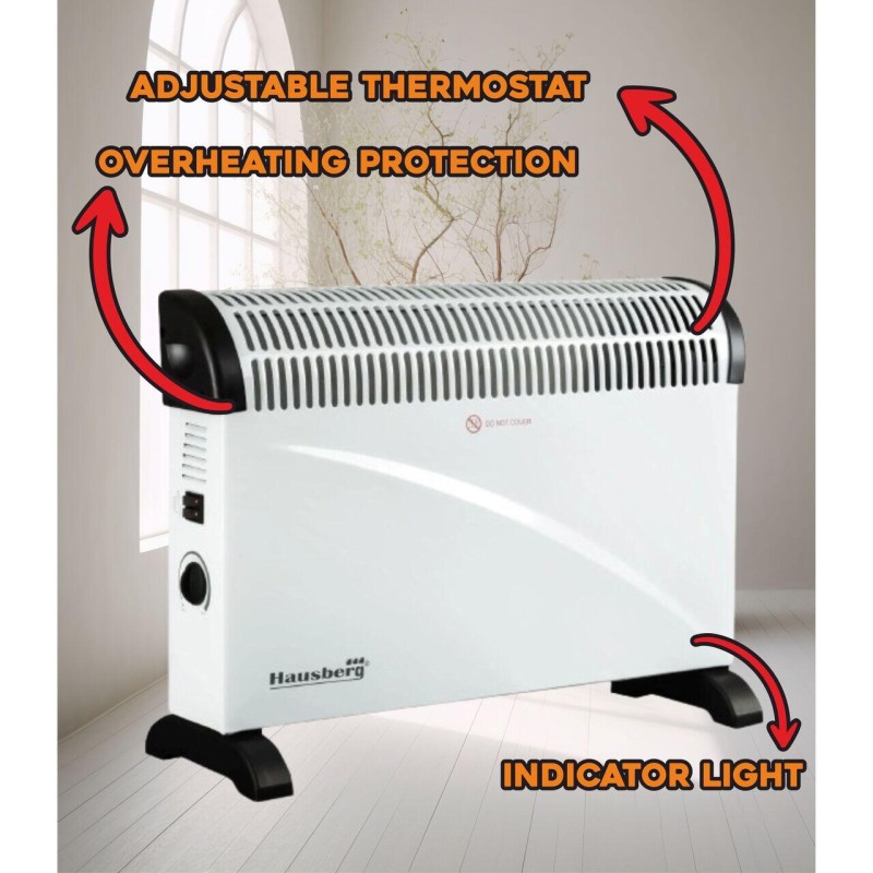 Convector electric HAUSBERG HB-8206, 3 trepte de putere 750/1250/2000W, termostat reglabil, protective supraincalzire, indicator luminos, Alb