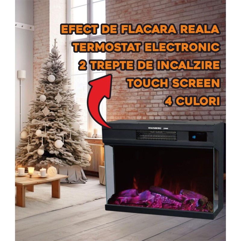 Semineu electric cu ventilator si telecomanda Hausberg HB-8221NG, 2000W, efect de flacara reala, 2 trepte de incalzire, termostat electronic, 4 culori, touch screen, metal si sticla
