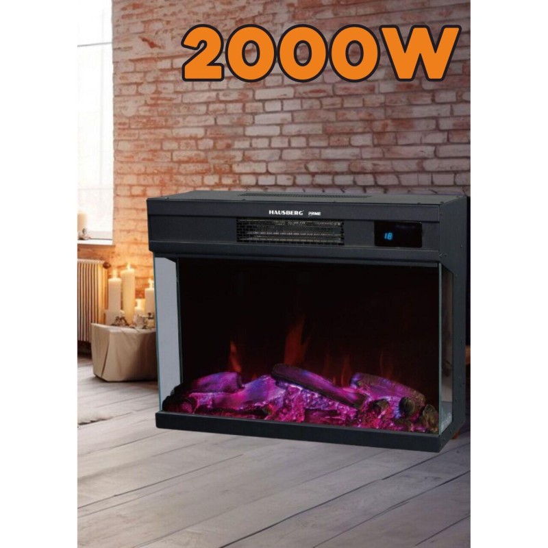 Semineu electric cu ventilator si telecomanda Hausberg HB-8221NG, 2000W, efect de flacara reala, 2 trepte de incalzire, termostat electronic, 4 culori, touch screen, metal si sticla