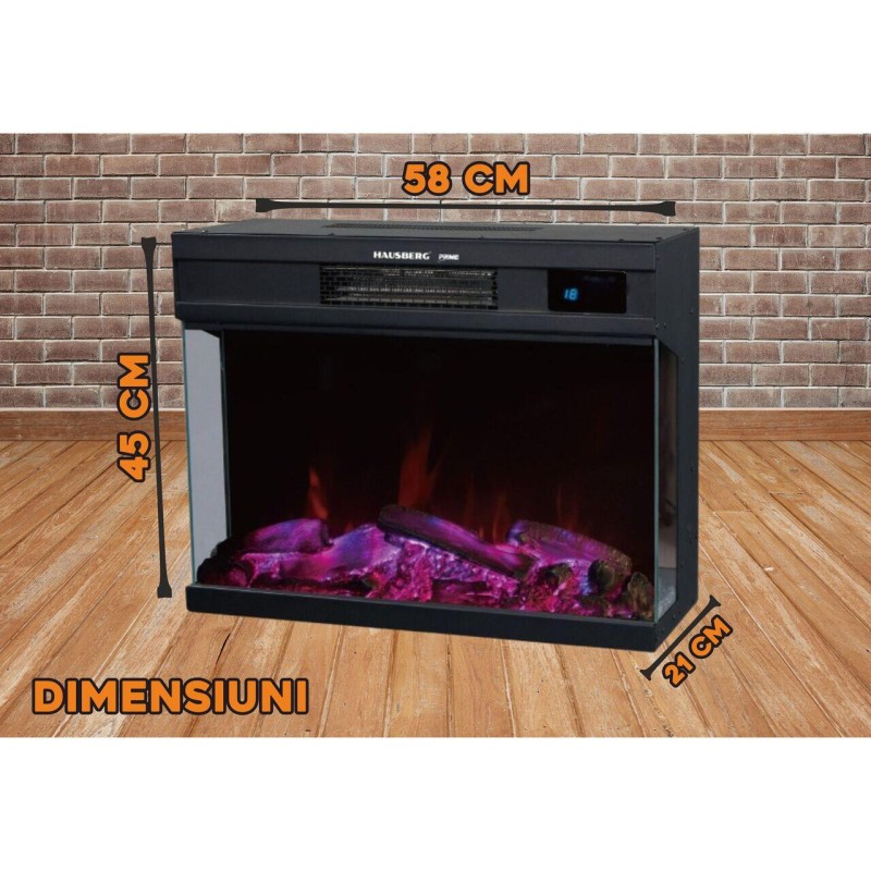 Semineu electric cu ventilator si telecomanda Hausberg HB-8221NG, 2000W, efect de flacara reala, 2 trepte de incalzire, termostat electronic, 4 culori, touch screen, metal si sticla