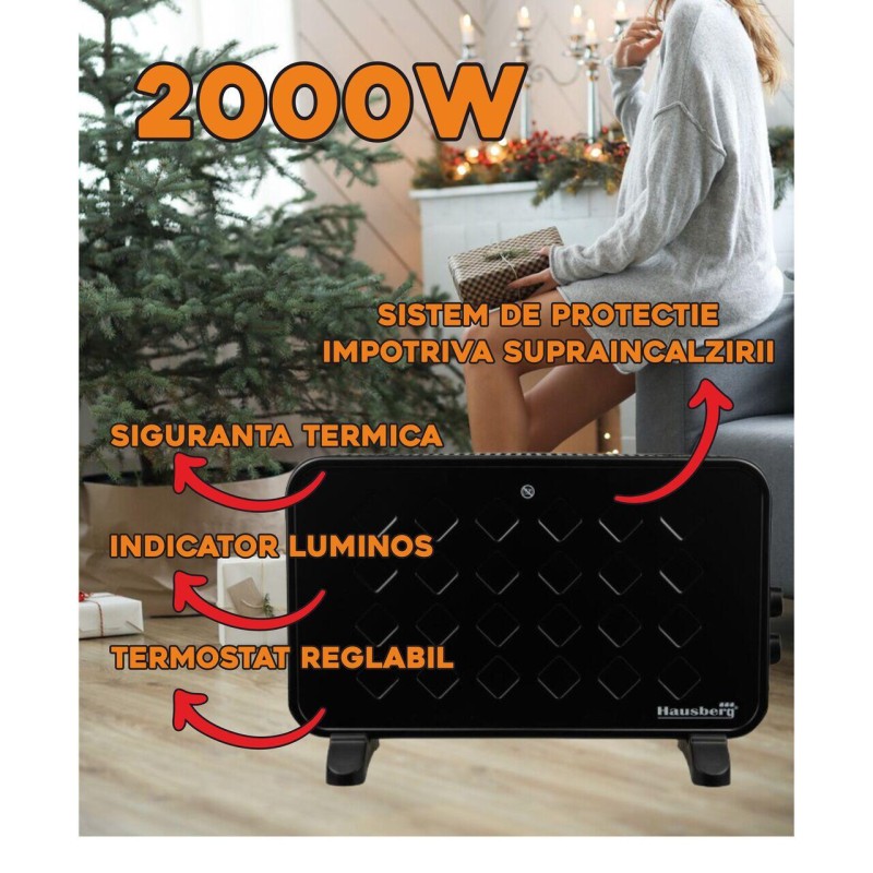Convector electric Luxury HAUSBERG HB-8220, 2000W, 2 trepte de putere, termostat, protectie supraincalzire, indicator luminos, functie Turbo, Negru