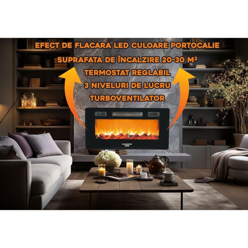 Semineu electric de perete Hausberg HB-8225, 1800W, Telecomanda, 3 Niveluri de lucru, Turboventilator, Elect de flacara led culoare portocalie, Termostat reglabil, Fier + sticla