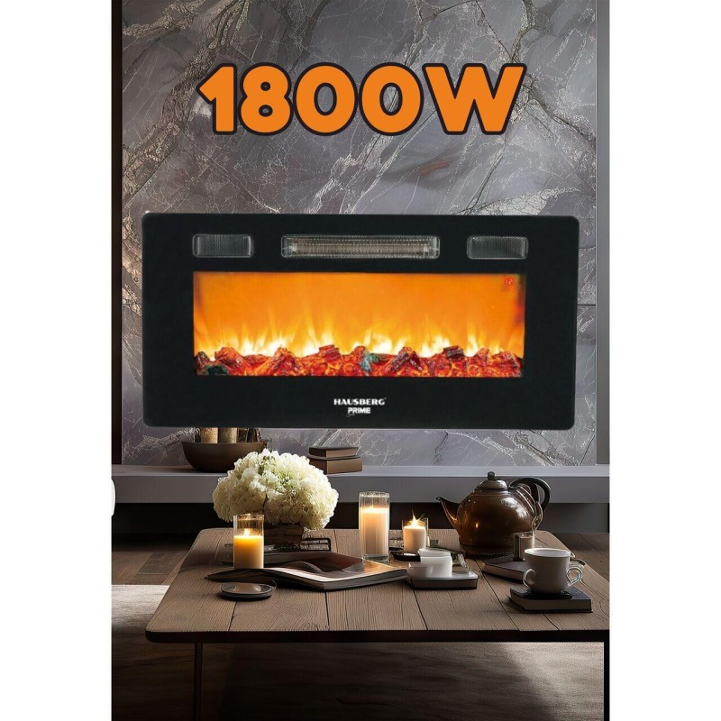 Semineu electric de perete Hausberg HB-8225, 1800W, Telecomanda, 3 Niveluri de lucru, Turboventilator, Elect de flacara led culoare portocalie, Termostat reglabil, Fier + sticla