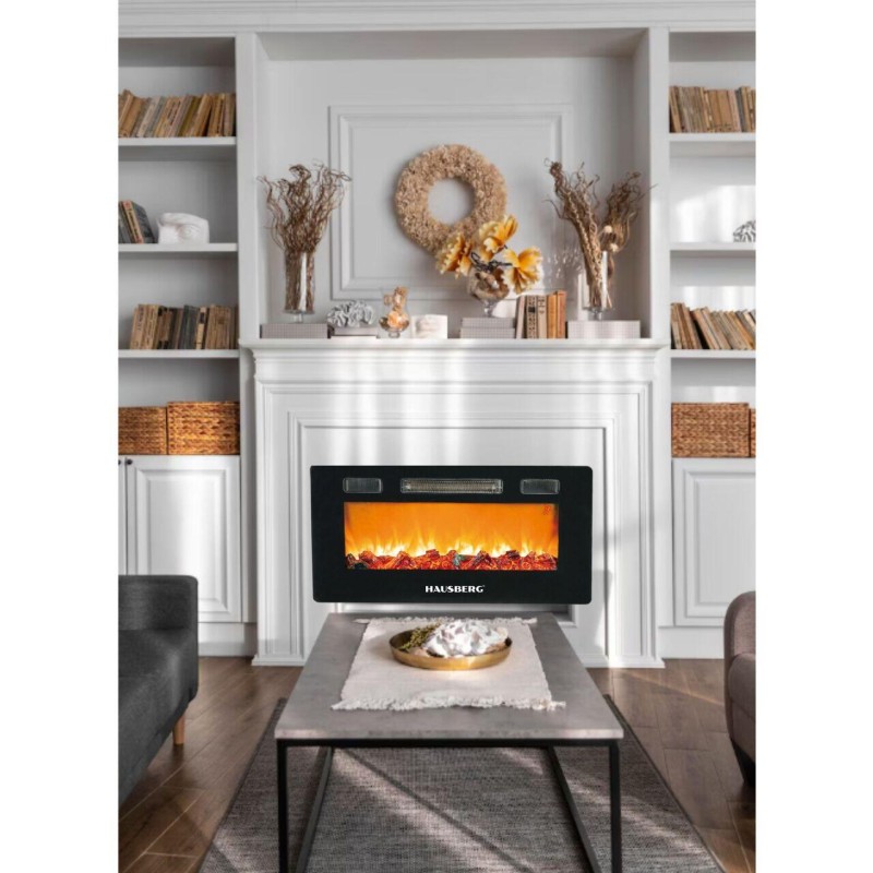 Semineu electric de perete Hausberg HB-8225, 1800W, Telecomanda, 3 Niveluri de lucru, Turboventilator, Elect de flacara led culoare portocalie, Termostat reglabil, Fier + sticla