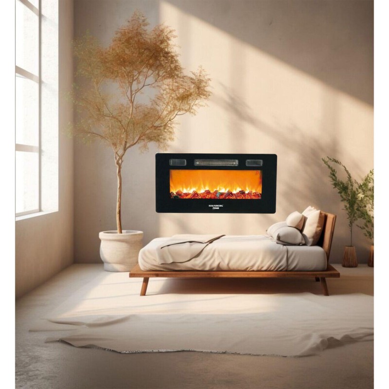 Semineu electric de perete Hausberg HB-8225, 1800W, Telecomanda, 3 Niveluri de lucru, Turboventilator, Elect de flacara led culoare portocalie, Termostat reglabil, Fier + sticla