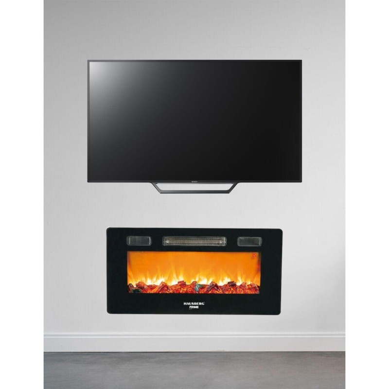 Semineu electric de perete Hausberg HB-8225, 1800W, Telecomanda, 3 Niveluri de lucru, Turboventilator, Elect de flacara led culoare portocalie, Termostat reglabil, Fier + sticla