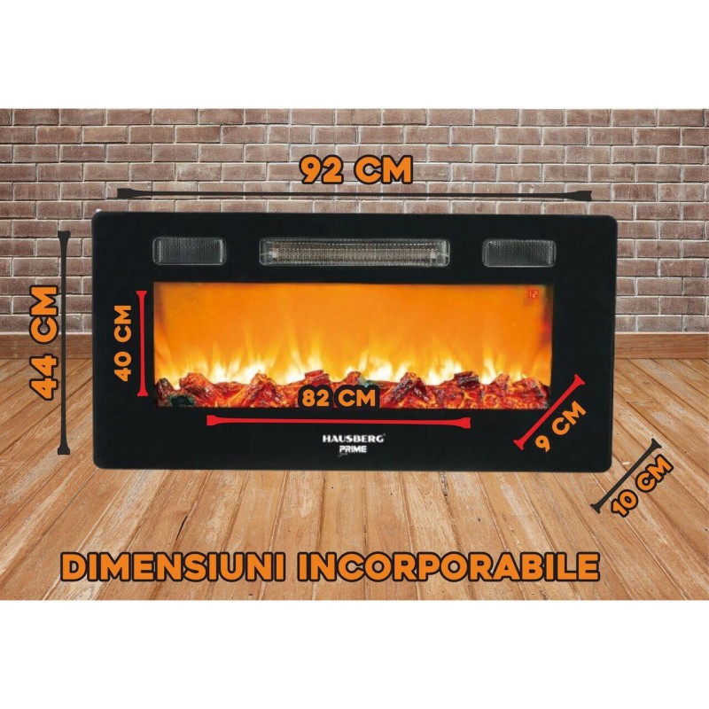 Semineu electric de perete Hausberg HB-8225, 1800W, Telecomanda, 3 Niveluri de lucru, Turboventilator, Elect de flacara led culoare portocalie, Termostat reglabil, Fier + sticla