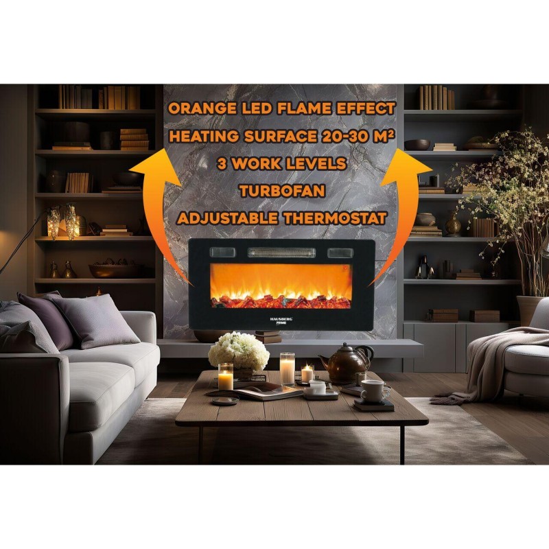 Semineu electric de perete Hausberg HB-8225, 1800W, Telecomanda, 3 Niveluri de lucru, Turboventilator, Elect de flacara led culoare portocalie, Termostat reglabil, Fier + sticla