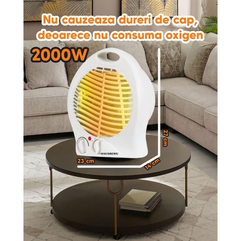 Aeroterma Hausberg HB-8501AB, 2000 W, 2 trepte de putere, termostat reglabil, Alb