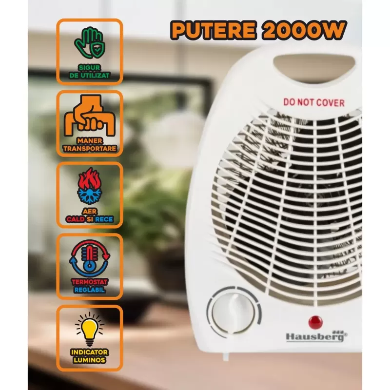 Aeroterma Hausberg HB-8501AB, 2000 W, 2 trepte de putere, termostat reglabil, Alb