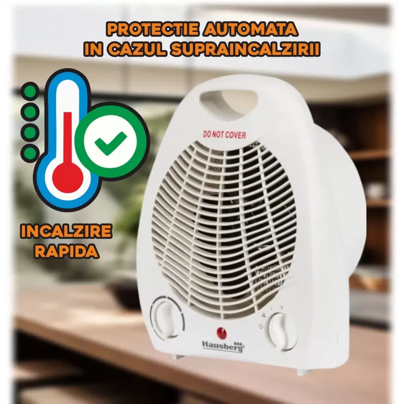 Aeroterma Hausberg HB-8501AB, 2000 W, 2 trepte de putere, termostat reglabil, Alb
