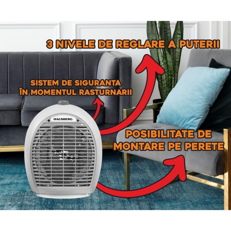 Aeroterma Hausberg HB-8504AB, 2000 W, 3 trepte de putere, sistem de siguranta, Alb