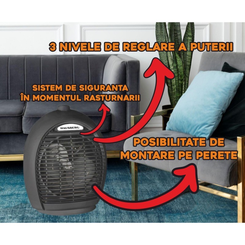 Aeroterma Hausberg HB-8505NG, 2000 W, 3 trepte de putere, sistem de siguranta, Negru