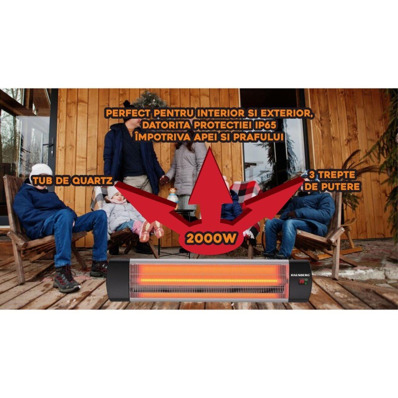 Radiator electric digital cu infrarosu Hausberg HB-8553, 2000W, Telecomanda, 1 tub quartz, 3 trepte putere, protective IP65, material carcasa din aluminiu oxidat
