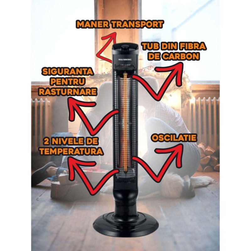 Radiator electric tip Turn Hausberg HB-8561NG, 1000W, 2 nivele de temperature, tub din fibra de carbon, siguranta pentru rasturnare, oscilatie, maner transport, Negru