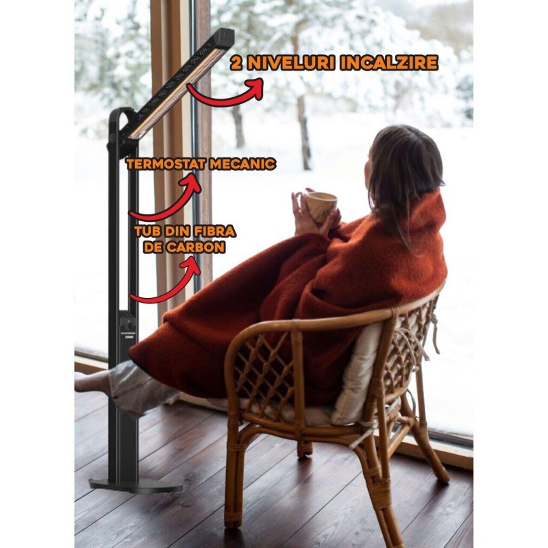 Radiator electric 2 in 1 Hausberg HB-8575, 1800-2000W, 2 niveluri incalzire, tub din fibra de carbon, protectie IP24, termostat mecanic, carcasa din aluminiu