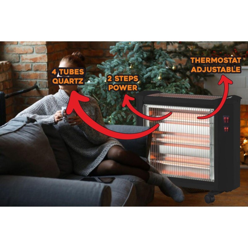 Radiator electric quartz Hausberg HB-8800, 1600W, 4 tuburi quartz, 4 trepte putere, protectie impotriva rasturnarii, Negru