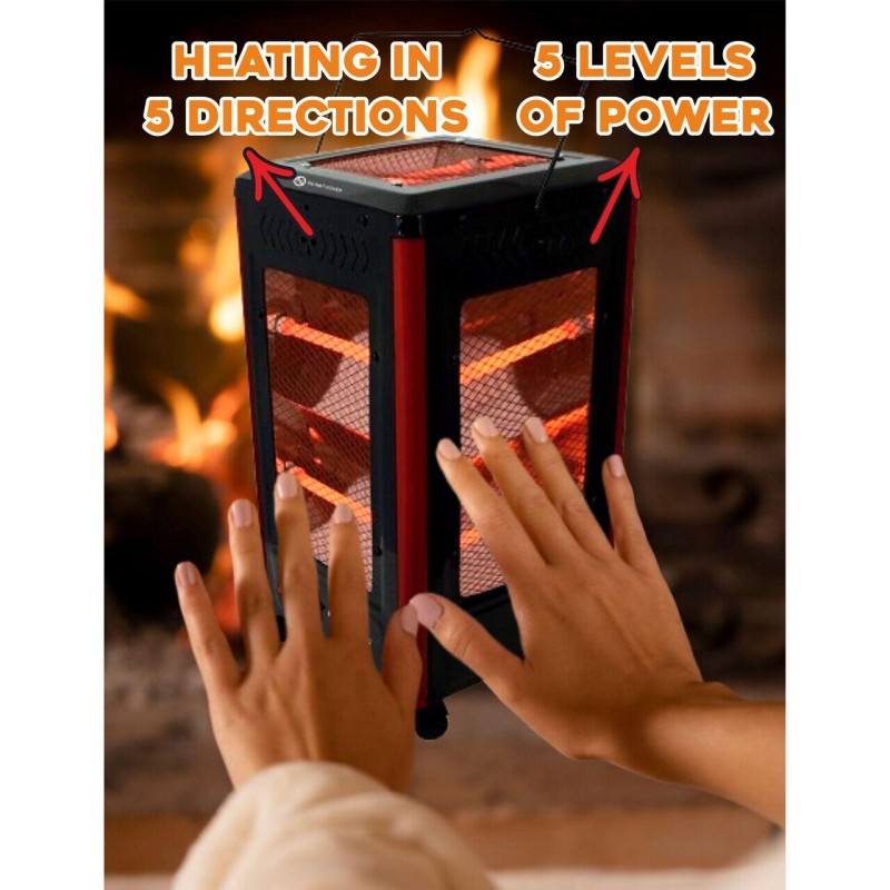 Radiator electric Hausberg HB-8802NG, 2200W, 5 niveluri de putere, incalzire in 5 directii, roti deplasare, maner pentru transport, protectie pentru rasturnare, Negru