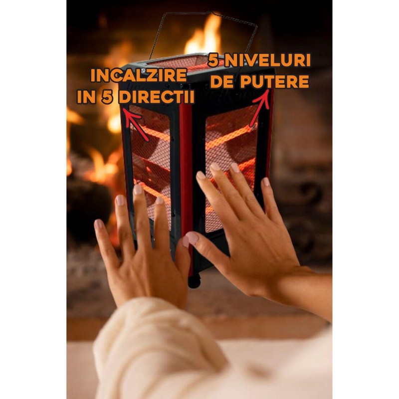 Radiator electric Hausberg HB-8802NG, 2200W, 5 niveluri de putere, incalzire in 5 directii, roti deplasare, maner pentru transport, protectie pentru rasturnare, Negru