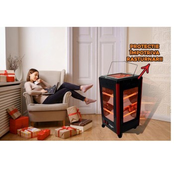 Radiator electric Hausberg HB-8802NG, 2200W, 5 niveluri de putere, incalzire in 5 directii, roti deplasare, maner pentru transport, protectie pentru rasturnare, Negru