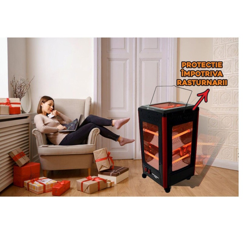 Radiator electric Hausberg HB-8802NG, 2200W, 5 niveluri de putere, incalzire in 5 directii, roti deplasare, maner pentru transport, protectie pentru rasturnare, Negru