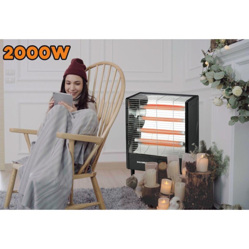 Radiator electric Hausberg HB-8803NG, 2000W, 4 nivele de putere, 4 tuburi ceramice, Negru