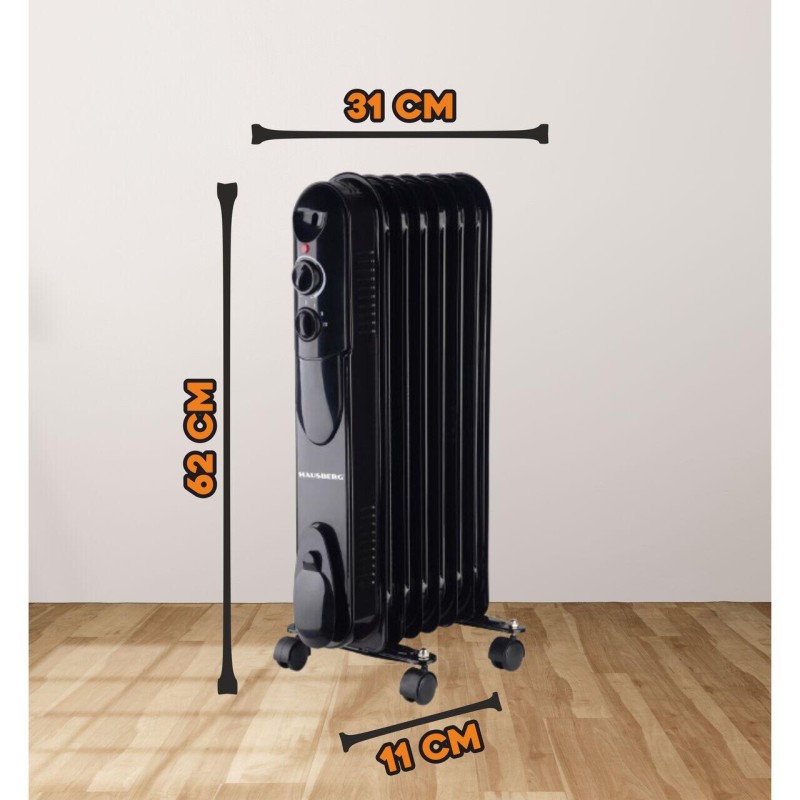 Calorifer electric cu ulei HAUSBERG HB-8905, 3 trepte, 600-900-1500 W, 7 elementi 110 mm x 580 mm, termostat reglabil, maner si rotite pentru o deplasare facila, indicator luminos functionare, negru