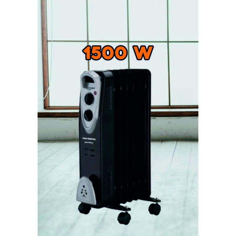 Calorifer electric Hausberg HB-8907NG, 1500 W, 7 elementi, 3 trepte de putere, Termostat reglabil, Protectie supra-incalzire, Protectie anti-rasturnare, Indicator luminos, Negru
