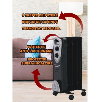 Calorifer electric Hausberg HB-8907NG, 1500 W, 7 elementi, 3 trepte de putere, Termostat reglabil, Protectie supra-incalzire, Protectie anti-rasturnare, Indicator luminos, Negru