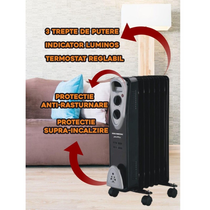 Calorifer electric Hausberg HB-8907NG, 1500 W, 7 elementi, 3 trepte de putere, Termostat reglabil, Protectie supra-incalzire, Protectie anti-rasturnare, Indicator luminos, Negru