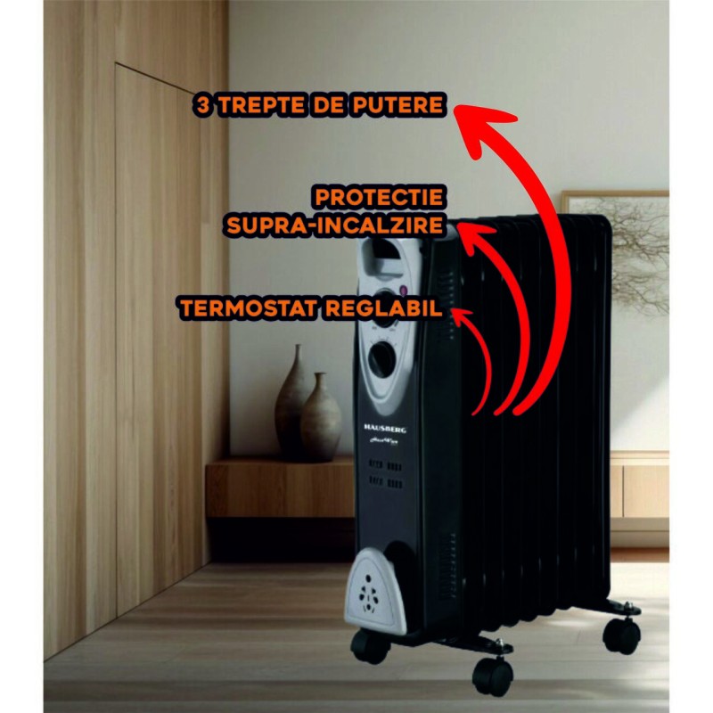 Calorifer electric Hausberg HB-8909NG, 2000 W, 9 elementi, 3 trepte de putere, Termostat reglabil, Protectie supra-incalzire, Protectie anti-rasturnare, Indicator luminos, Negru