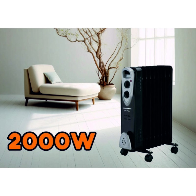 Calorifer electric Hausberg HB-8909NG, 2000 W, 9 elementi, 3 trepte de putere, Termostat reglabil, Protectie supra-incalzire, Protectie anti-rasturnare, Indicator luminos, Negru