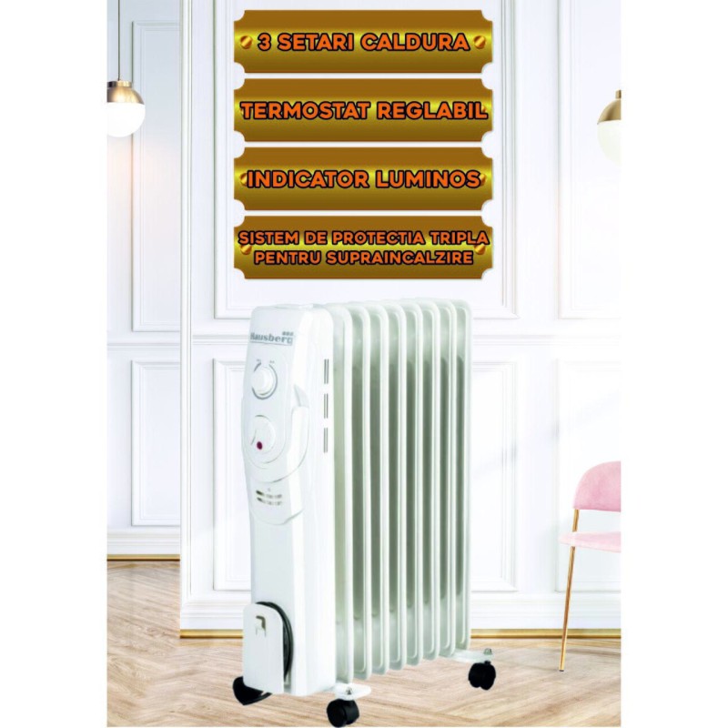 Calorifer electric Hausberg HB-8910AB, 2000 W, 9 elementi, 3 nivele de putere, termostat reglabil, Alb