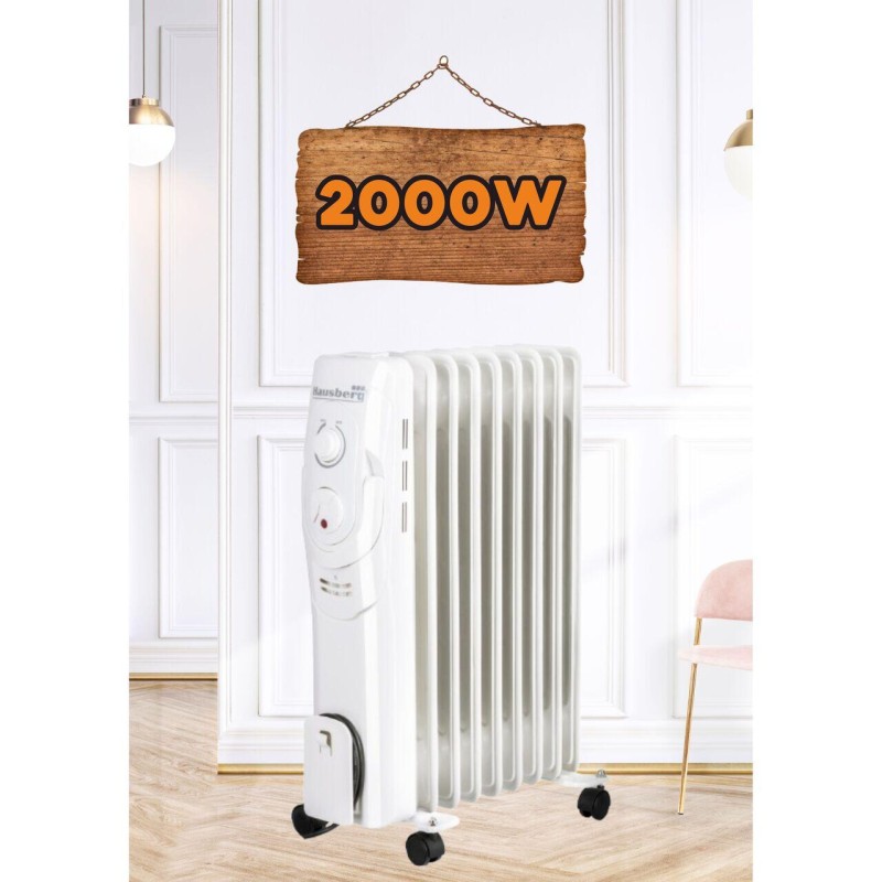 Calorifer electric Hausberg HB-8910AB, 2000 W, 9 elementi, 3 nivele de putere, termostat reglabil, Alb