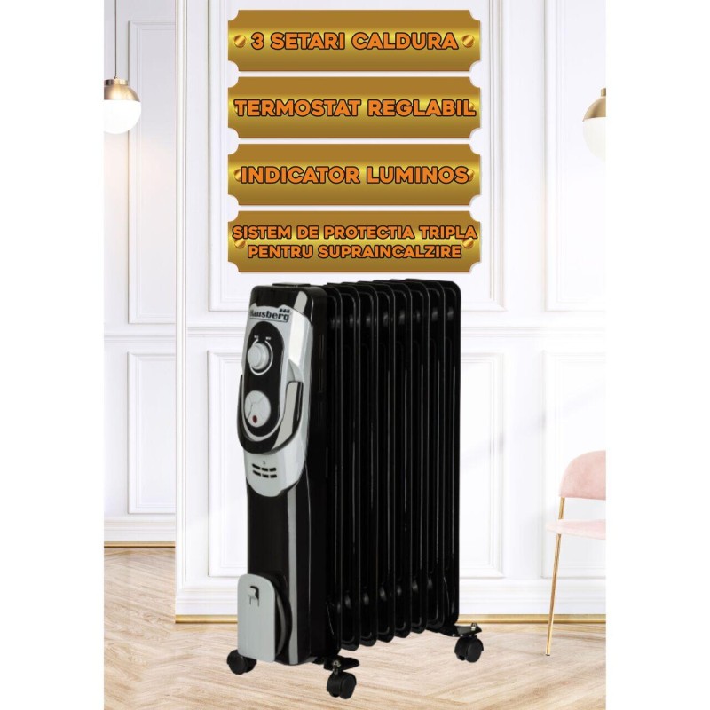 Calorifer electric Hausberg HB-8910NG, 2000 W, 9 elementi, 3 nivele de putere, termostat reglabil, Negru