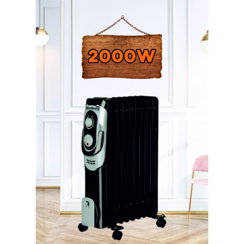 Calorifer electric Hausberg HB-8910NG, 2000 W, 9 elementi, 3 nivele de putere, termostat reglabil, Negru