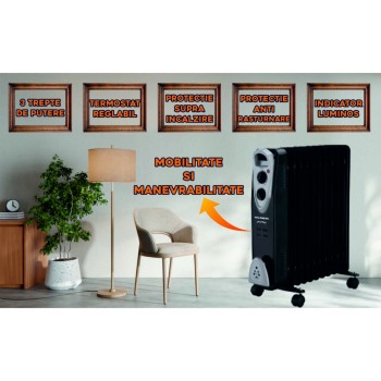 Calorifer electric Hausberg HB-8911NG, 2500 W, 11 elementi, 3 trepte de putere, Termostat reglabil, Protectie supra-incalzire, Protectie anti-rasturnare, Indicator luminos, Negru