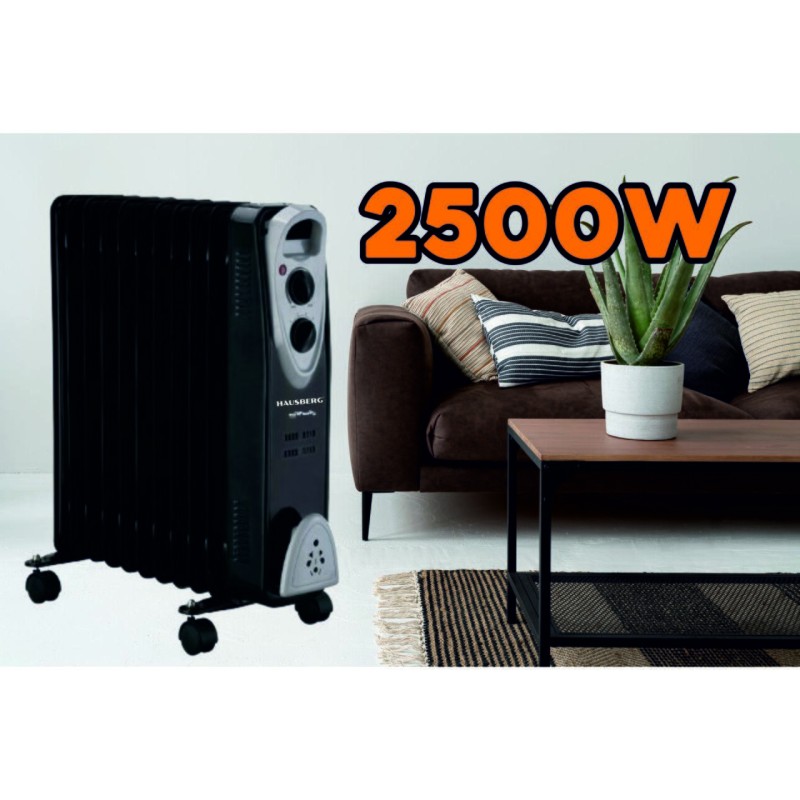 Calorifer electric Hausberg HB-8911NG, 2500 W, 11 elementi, 3 trepte de putere, Termostat reglabil, Protectie supra-incalzire, Protectie anti-rasturnare, Indicator luminos, Negru