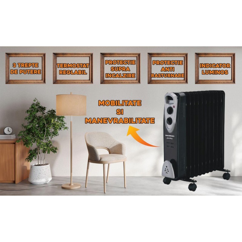 Calorifer electric Hausberg HB-8913NG, 2500 W, 13 elementi, 3 trepte de putere, Termostat reglabil, Protectie supra-incalzire, Protectie anti-rasturnare, Indicator luminos, Negru