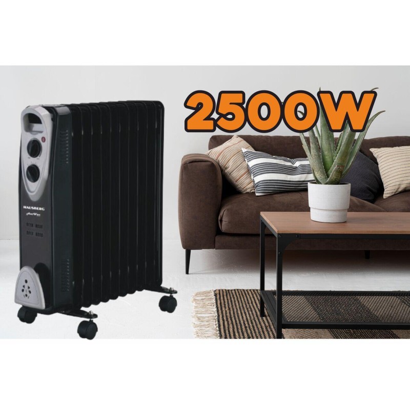 Calorifer electric Hausberg HB-8913NG, 2500 W, 13 elementi, 3 trepte de putere, Termostat reglabil, Protectie supra-incalzire, Protectie anti-rasturnare, Indicator luminos, Negru