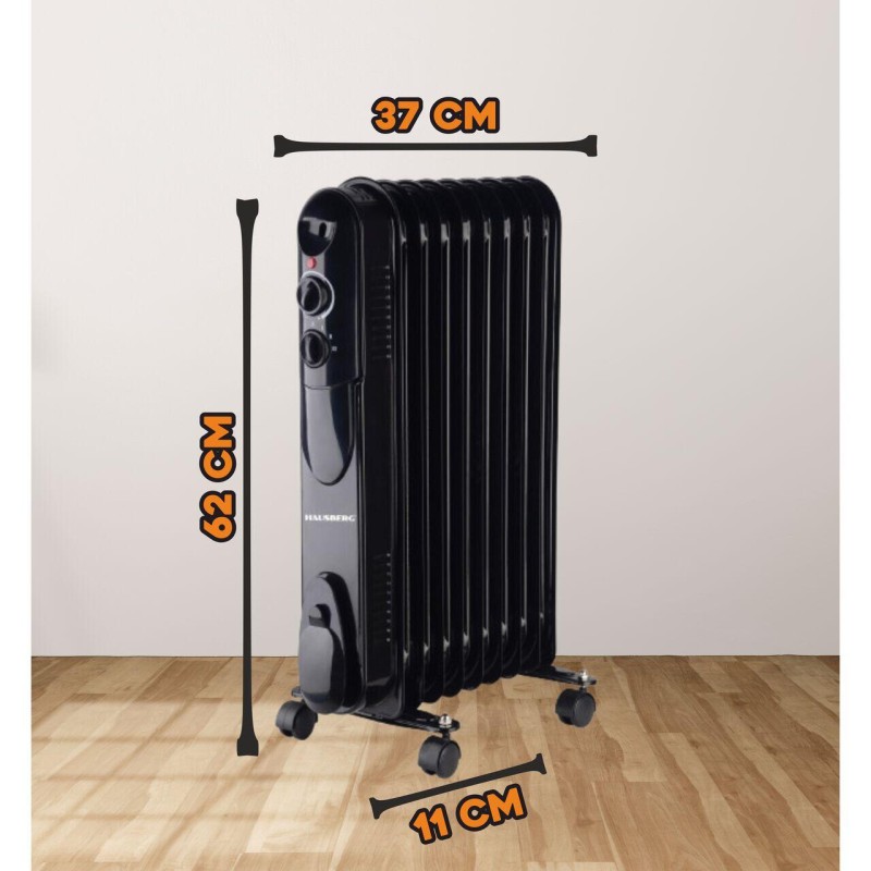 Calorifer electric cu ulei HAUSBERG HB-8915, 3 trepte, 800-1200-2000 W, 9 elementi 110 mm x 580 mm, termostat reglabil, maner si rotite pentru o deplasare facila, indicator luminos functionare, negru