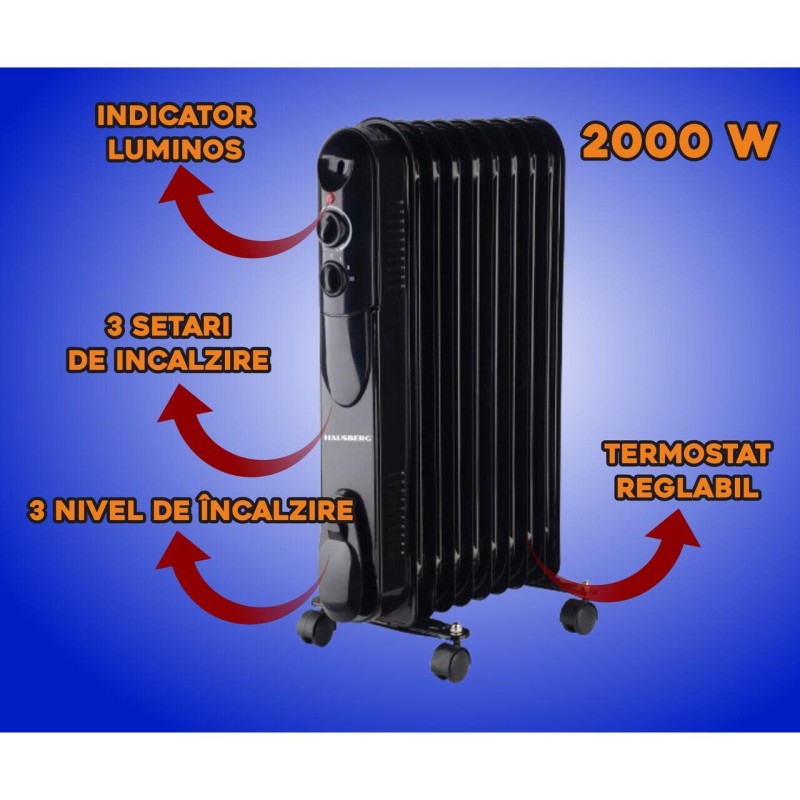 Calorifer electric cu ulei HAUSBERG HB-8915, 3 trepte, 800-1200-2000 W, 9 elementi 110 mm x 580 mm, termostat reglabil, maner si rotite pentru o deplasare facila, indicator luminos functionare, negru
