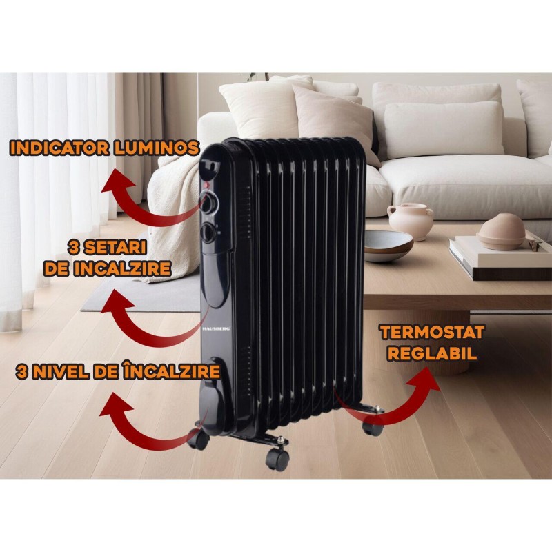 Calorifer electric cu ulei HAUSBERG HB-8925, 3 trepte, 1000-1500-2500 W, 11 elementi 110 mm x 580 mm, termostat reglabil, maner si rotite pentru o deplasare facila, indicator luminos functionare, negru