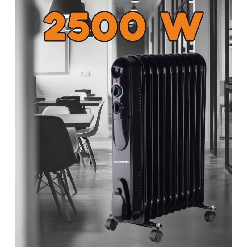 Calorifer electric cu ulei HAUSBERG HB-8925, 3 trepte, 1000-1500-2500 W, 11 elementi 110 mm x 580 mm, termostat reglabil, maner si rotite pentru o deplasare facila, indicator luminos functionare, negru