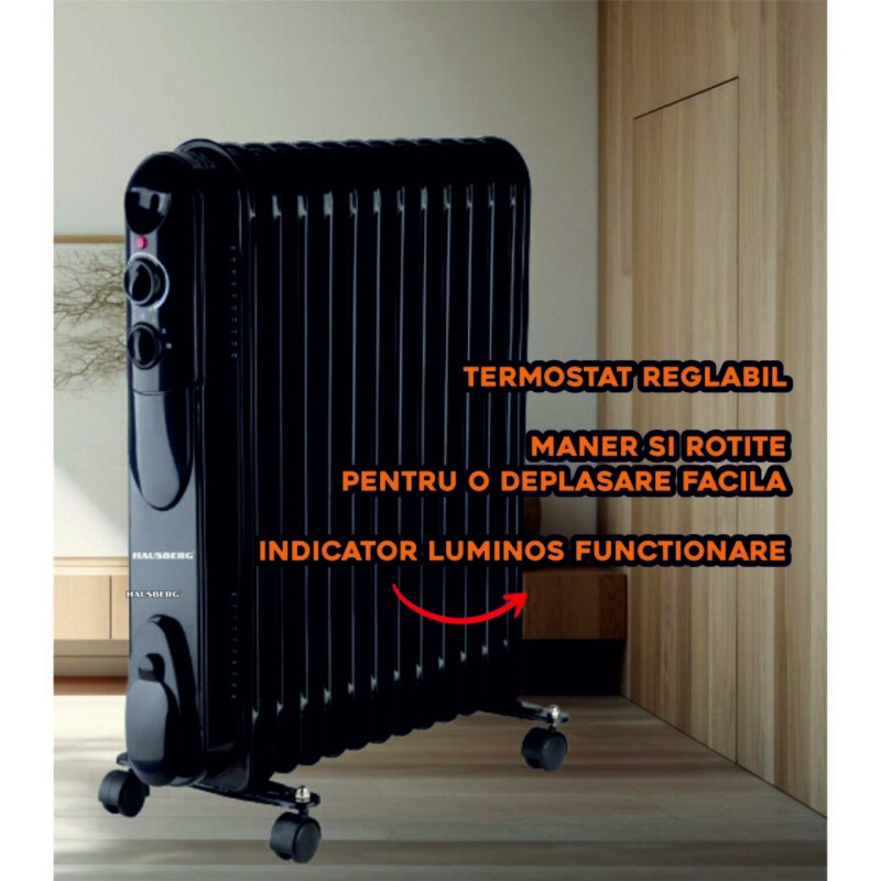 Calorifer electric cu ulei HAUSBERG HB-8935, 3 trepte, 1000-1500-2500 W, 13 elementi 110 mm x 580 mm, termostat reglabil, maner si rotite pentru o deplasare facila, indicator luminos functionare, negru