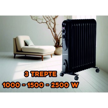 Calorifer electric cu ulei HAUSBERG HB-8935, 3 trepte, 1000-1500-2500 W, 13 elementi 110 mm x 580 mm, termostat reglabil, maner si rotite pentru o deplasare facila, indicator luminos functionare, negru